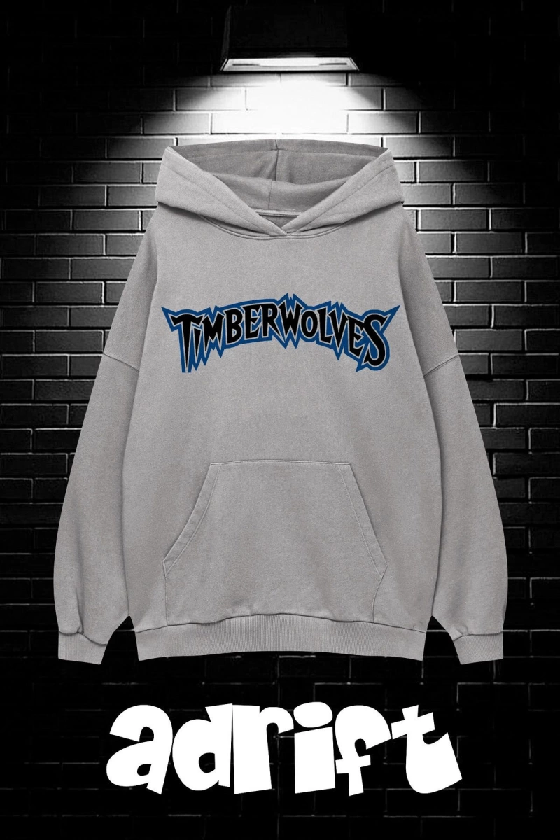 Unisex Oversize Kapüşonlu Kanguru Cepli Timberwolves Baskılı Sweatshirt Hoodie