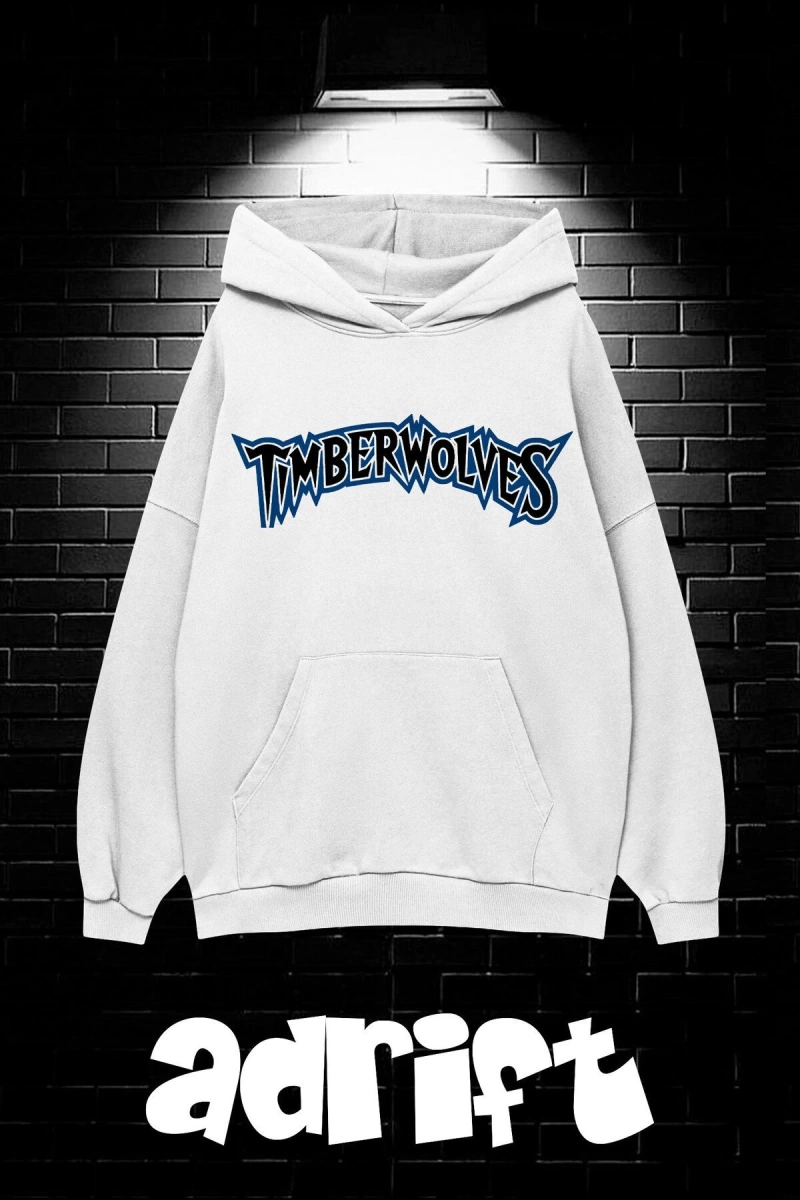 Unisex Oversize Kapüşonlu Kanguru Cepli Timberwolves Baskılı Sweatshirt Hoodie