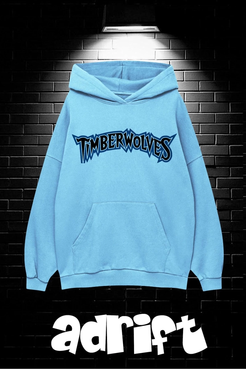 Unisex Oversize Kapüşonlu Kanguru Cepli Timberwolves Baskılı Sweatshirt Hoodie
