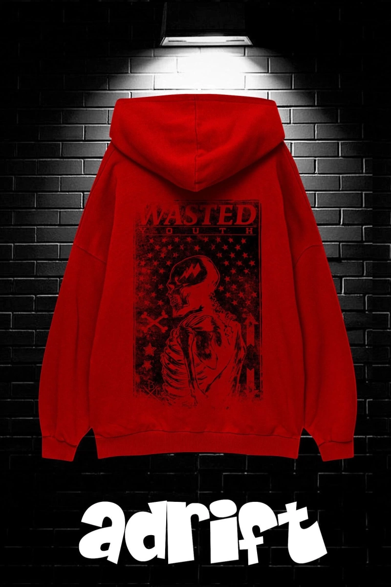 Unisex Oversize Kapüşonlu Kanguru Cepli Wasted Baskılı Sweatshirt Hoodie