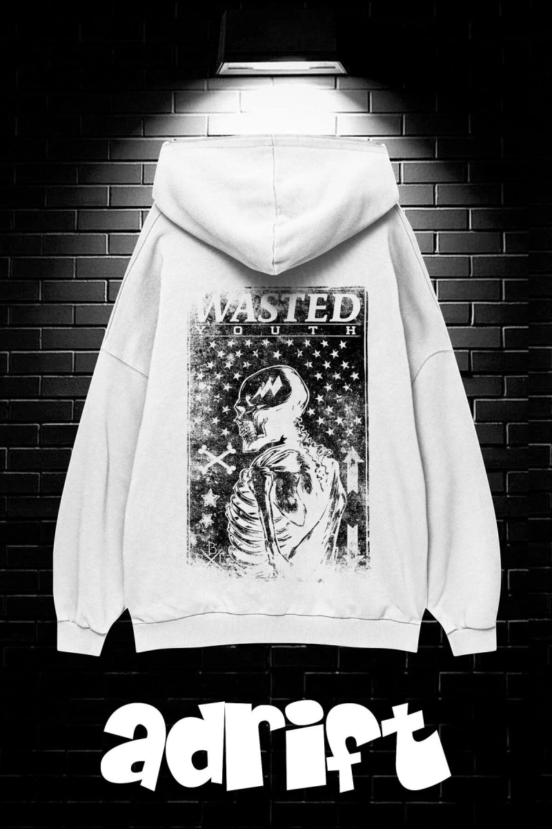 Unisex Oversize Kapüşonlu Kanguru Cepli Wasted Baskılı Sweatshirt Hoodie