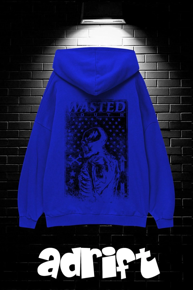 Unisex Oversize Kapüşonlu Kanguru Cepli Wasted Baskılı Sweatshirt Hoodie