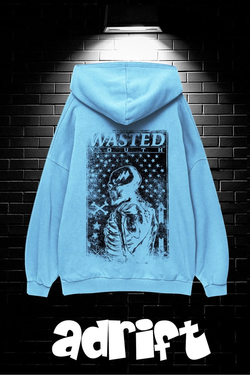 Unisex Oversize Kapüşonlu Kanguru Cepli Wasted Baskılı Sweatshirt Hoodie
