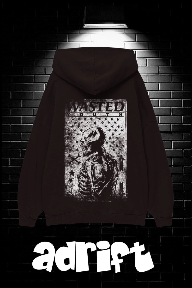Unisex Oversize Kapüşonlu Kanguru Cepli Wasted Baskılı Sweatshirt Hoodie
