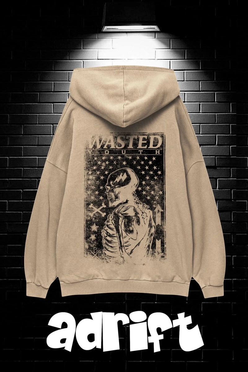 Unisex Oversize Kapüşonlu Kanguru Cepli Wasted Baskılı Sweatshirt Hoodie