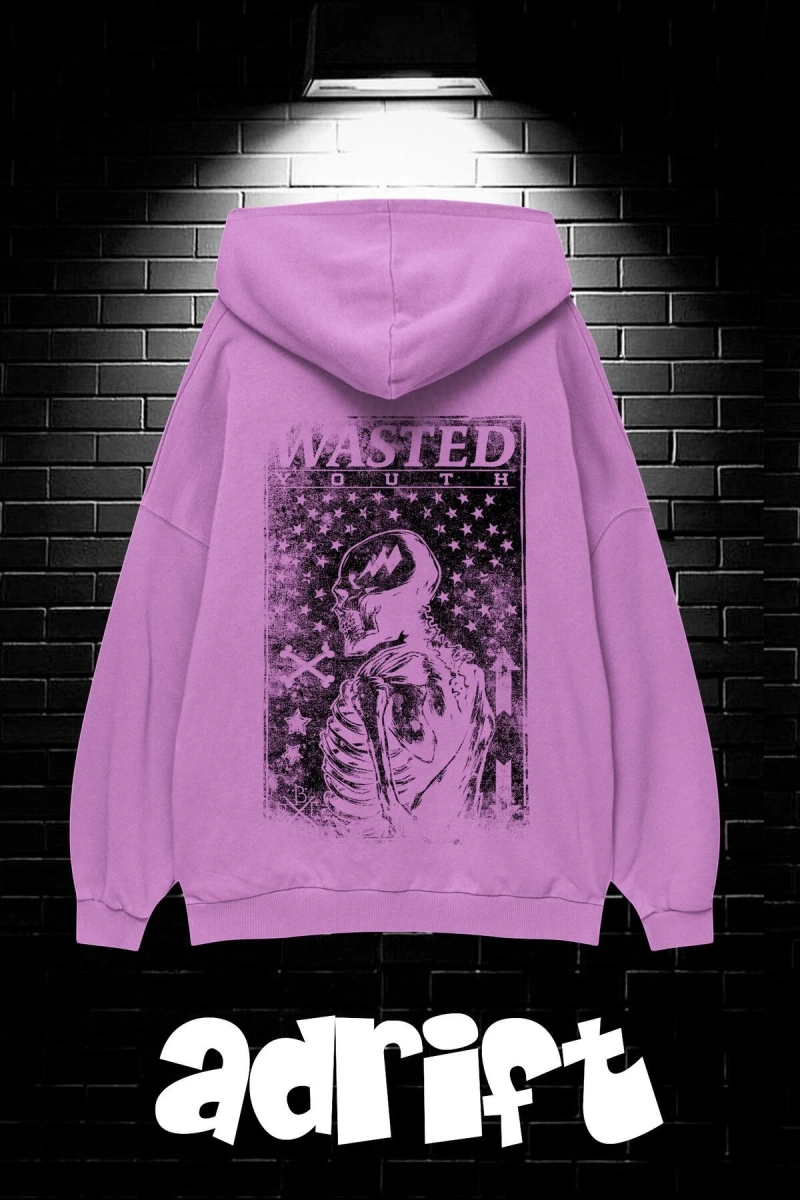 Unisex Oversize Kapüşonlu Kanguru Cepli Wasted Baskılı Sweatshirt Hoodie