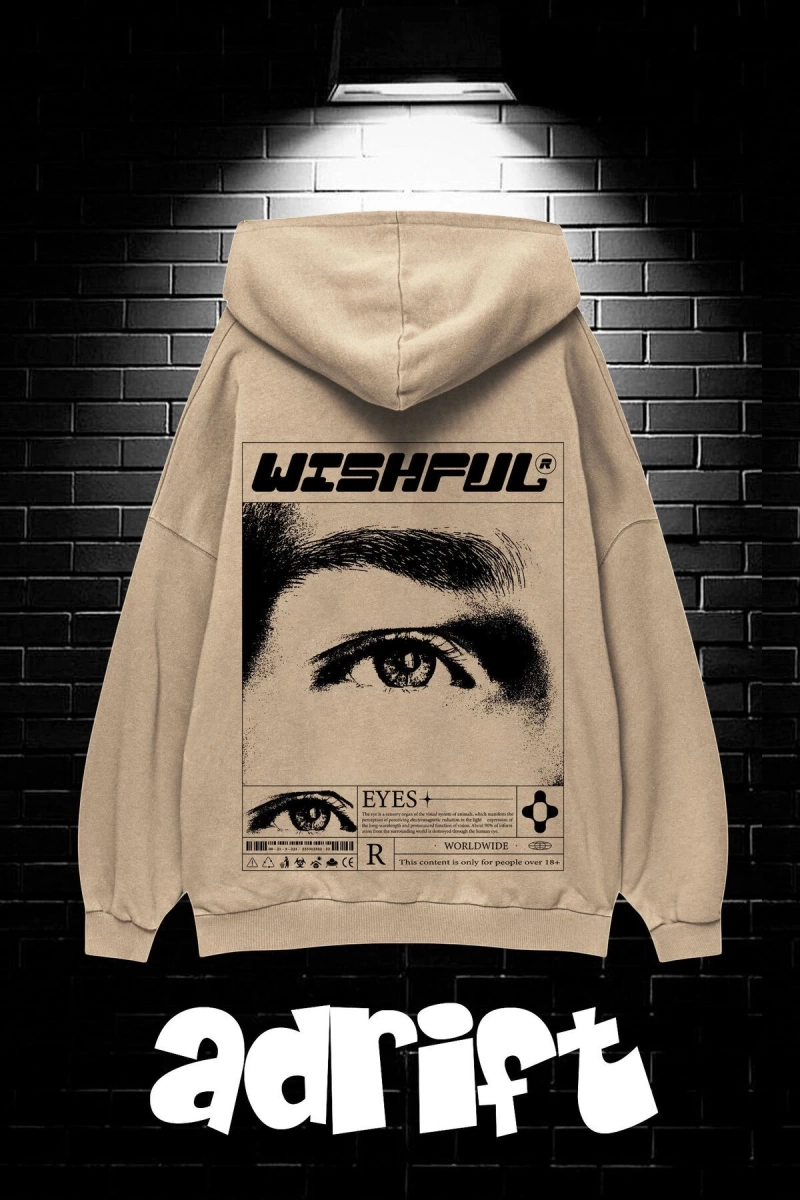 Unisex Oversize Kapüşonlu Kanguru Cepli Wıshful Baskılı Sweatshirt Hoodie