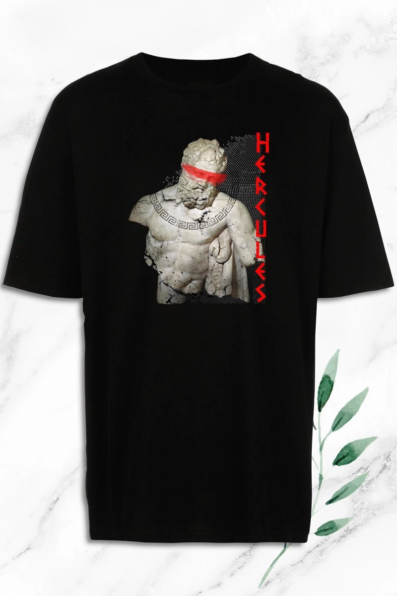 Unisex Oversize Mitoloji Herkül Herakles Heykel Baskılı Siyah Tişört