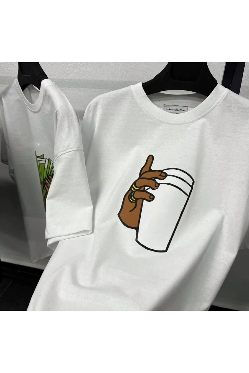 Unisex Paper Cup Baskılı Beyaz T-shirt ve Gri Şort Sporcu Kombin mdl-tkmspr-04