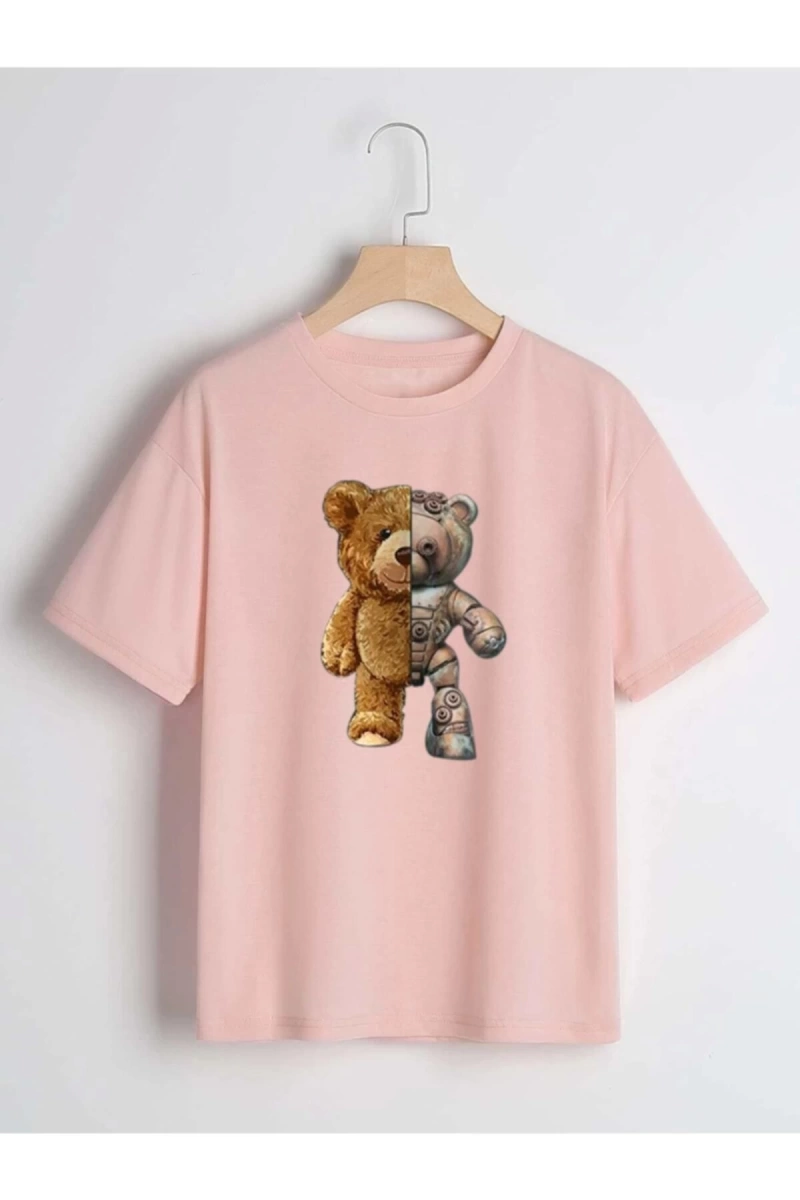 Unisex Pembe Robotik Ayıcık Baskılı Oversize Bisiklet Yaka T-shirt