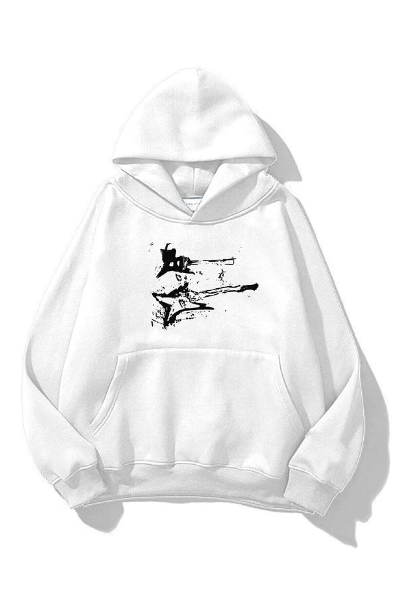 Unisex Punk Gitar Sweatshirt Beyaz