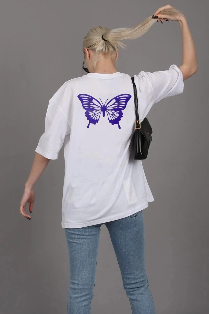 Unisex Rahat Kesim Mor Kelebek Oversize T-shirt