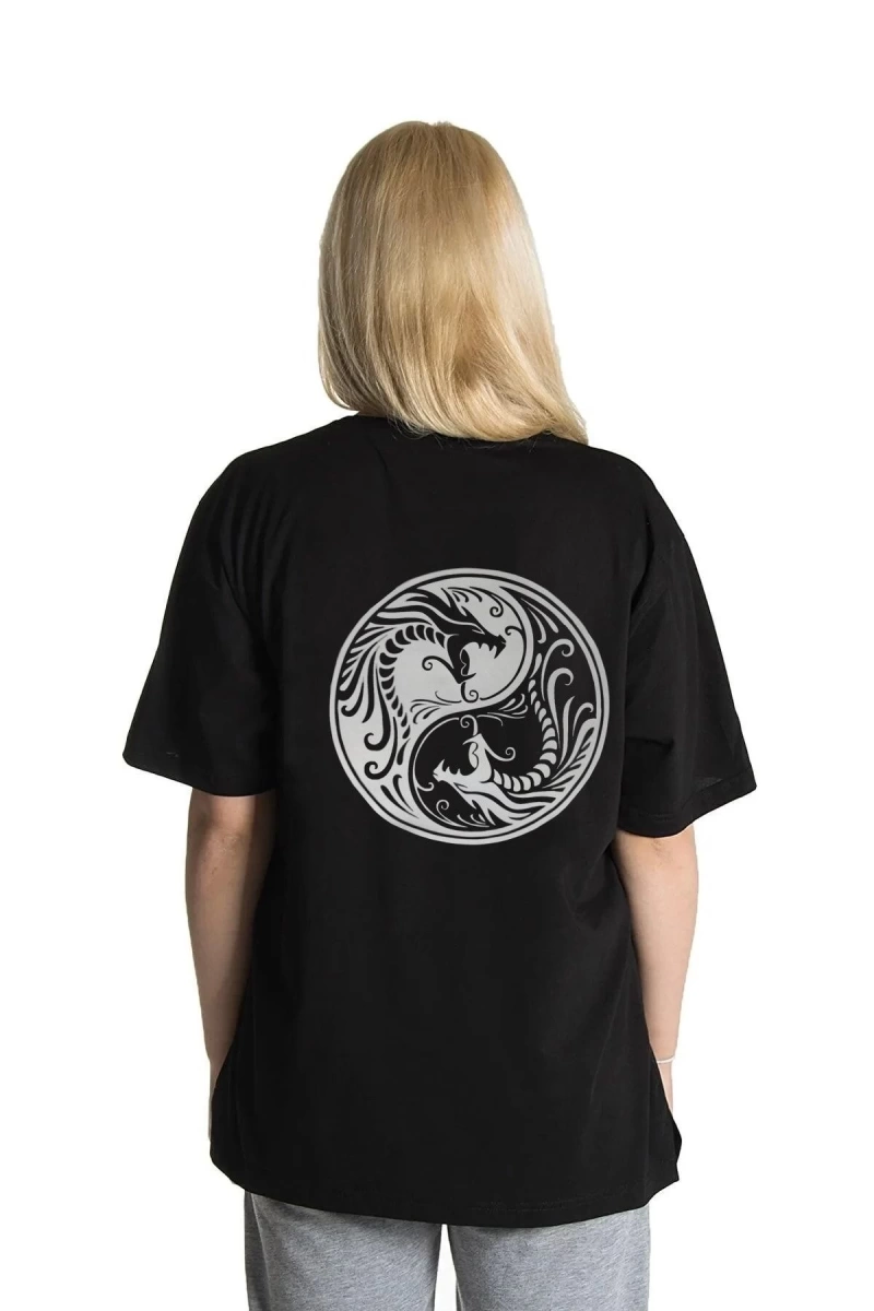 Unisex Reflektör Baskı Ying Yang Dragon Rahat Kesim Oversize T-shirt