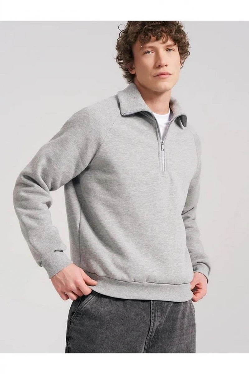 Unisex Relaxed Fit Yarım Fermuarlı Dik Yaka Sweatshirt  melanj Gri