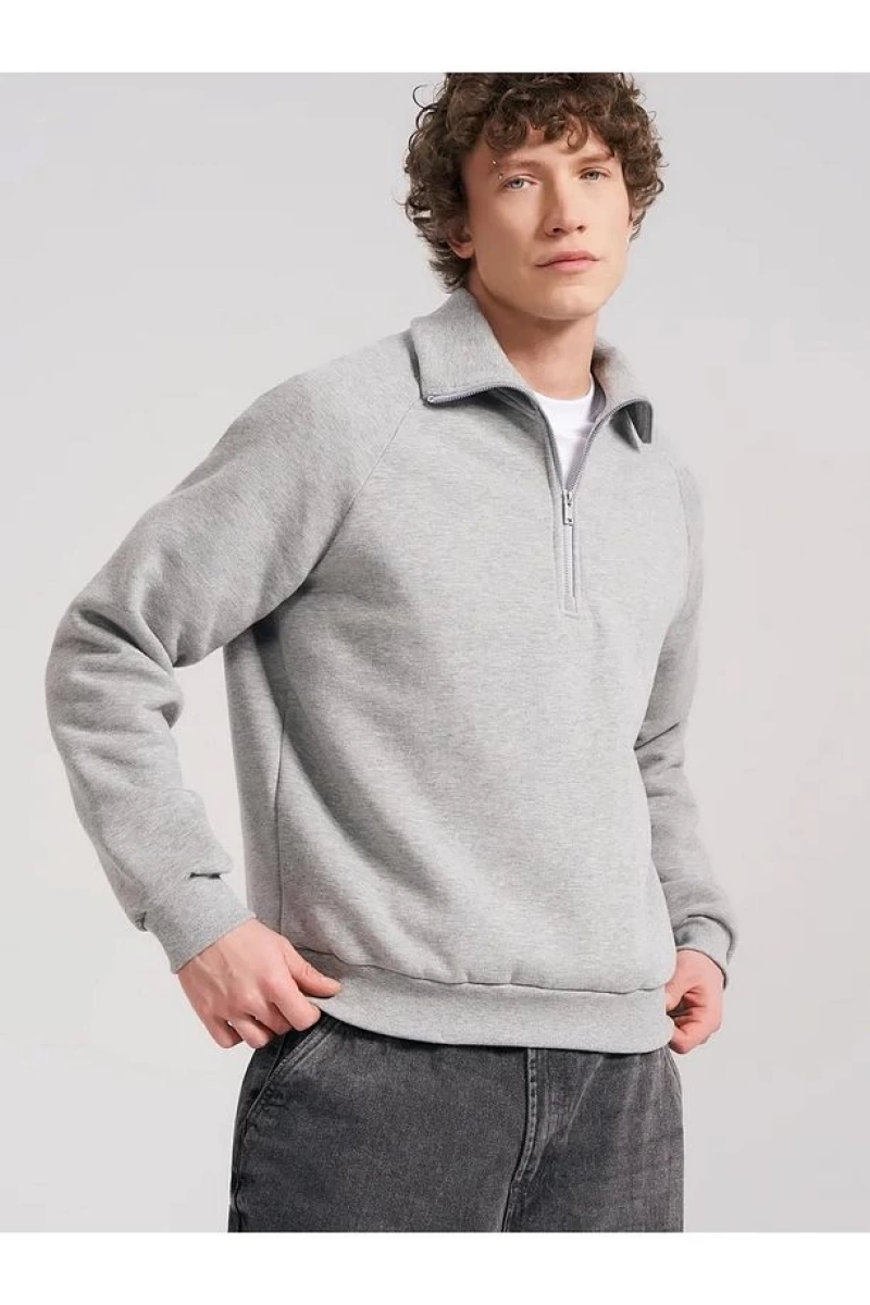 Unisex Relaxed Fit Yarım Fermuarlı Dik Yaka Sweatshirt  melanj Gri