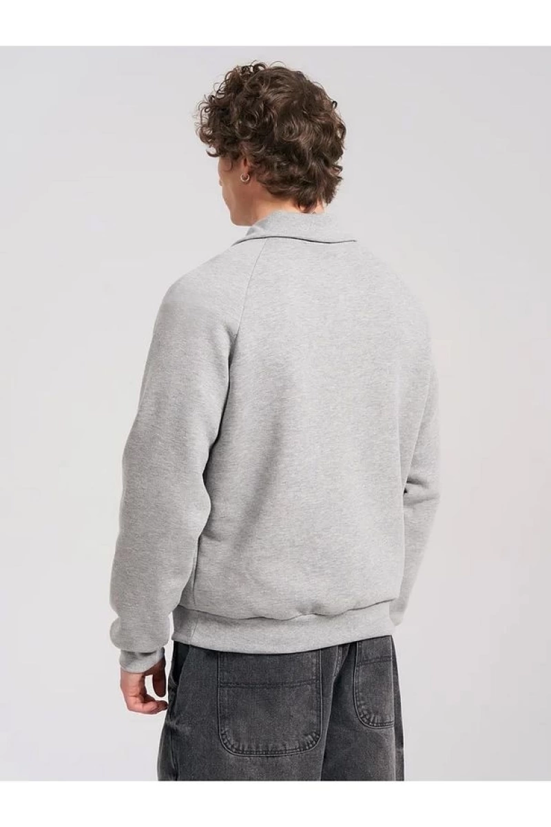 Unisex Relaxed Fit Yarım Fermuarlı Dik Yaka Sweatshirt  melanj Gri