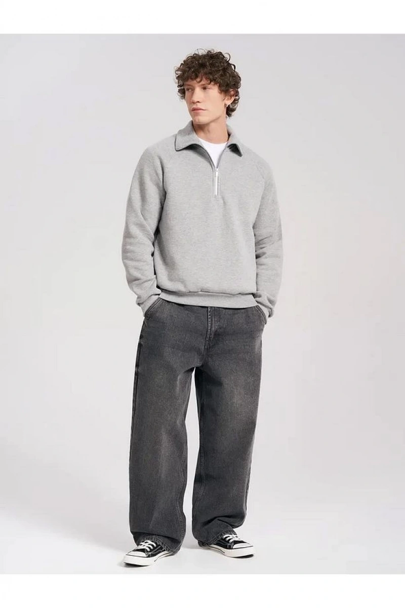 Unisex Relaxed Fit Yarım Fermuarlı Dik Yaka Sweatshirt  melanj Gri