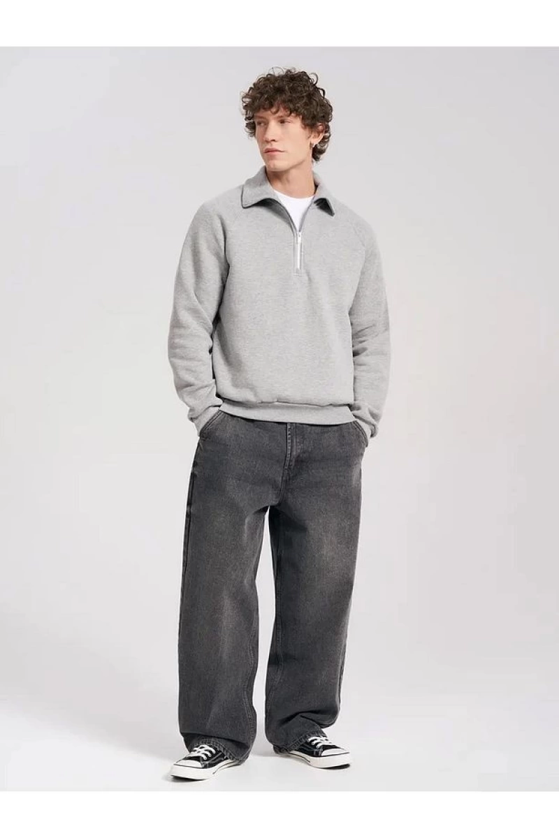 Unisex Relaxed Fit Yarım Fermuarlı Dik Yaka Sweatshirt  melanj Gri