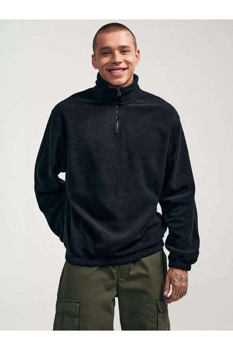 Unisex Relaxed Fit Yarım Fermuarlı Dik Yaka Sweatshirt  melanj Gri