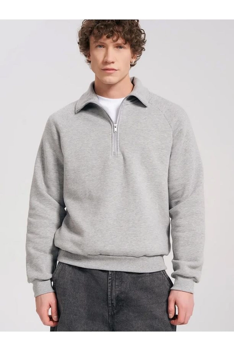 Unisex Relaxed Fit Yarım Fermuarlı Dik Yaka Sweatshirt  melanj Gri