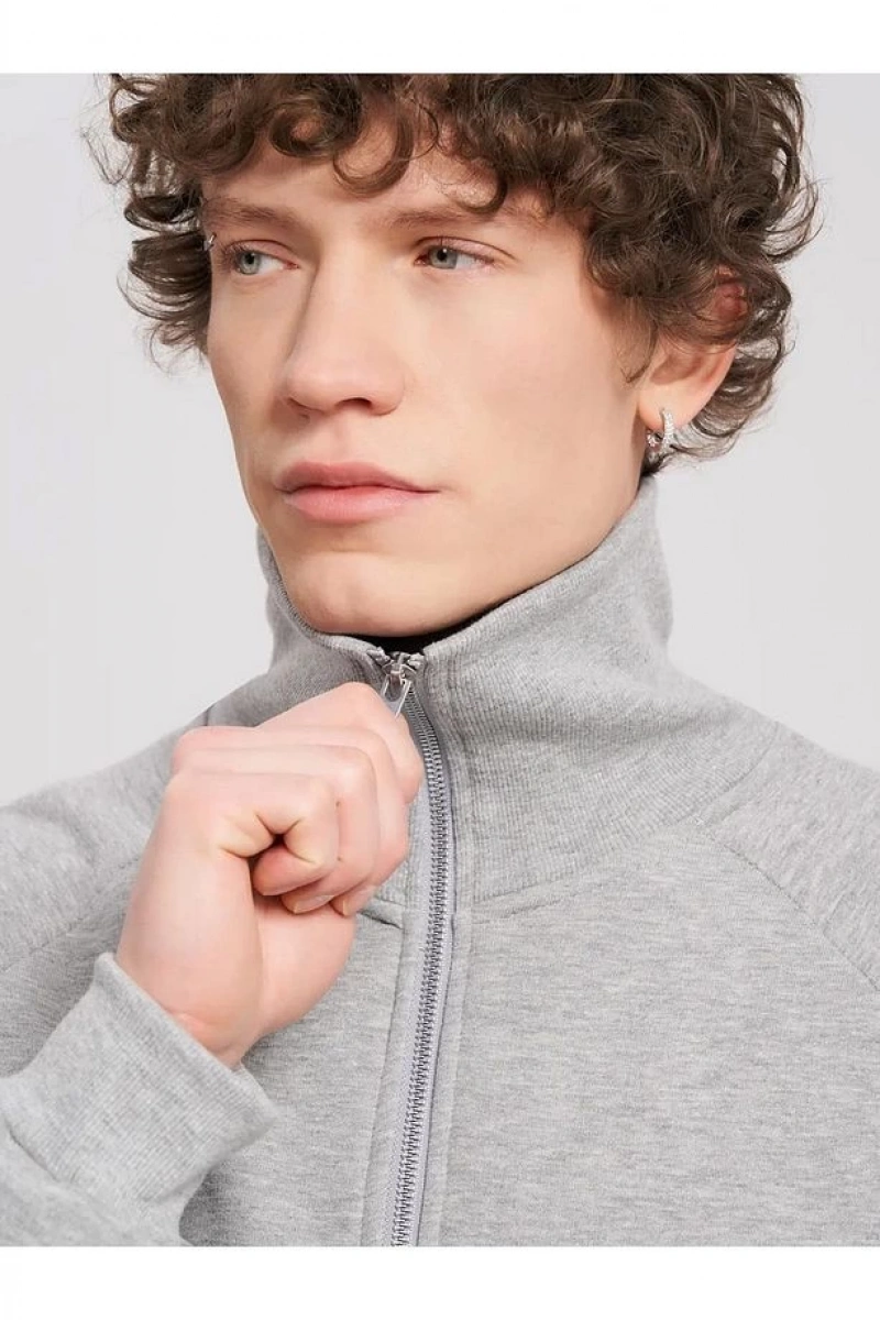 Unisex Relaxed Fit Yarım Fermuarlı Dik Yaka Sweatshirt  melanj Gri