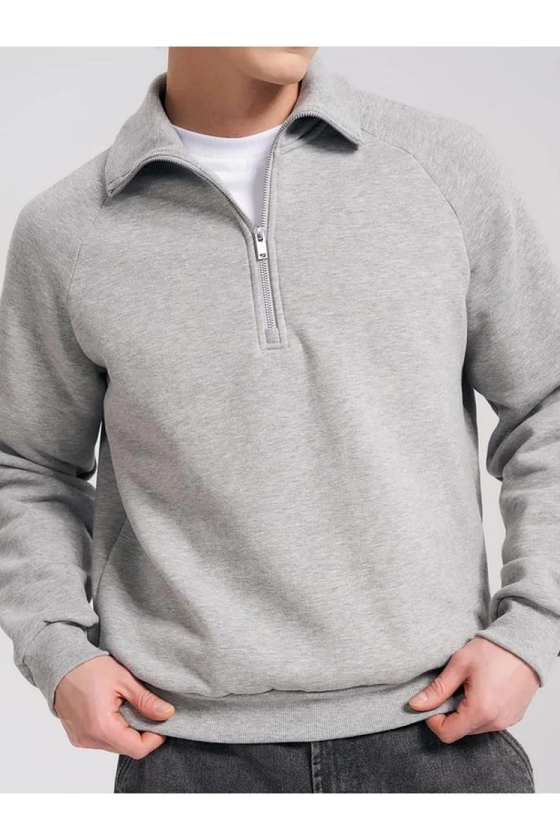 Unisex Relaxed Fit Yarım Fermuarlı Dik Yaka Sweatshirt  melanj Gri