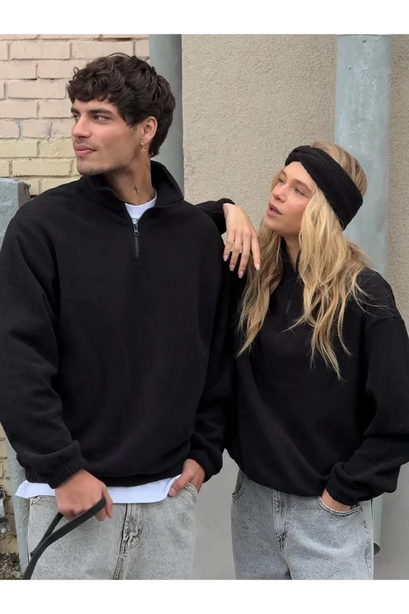 Unisex Relaxed Fit Yarım Fermuarlı Dik Yaka Sweatshirt Siyah