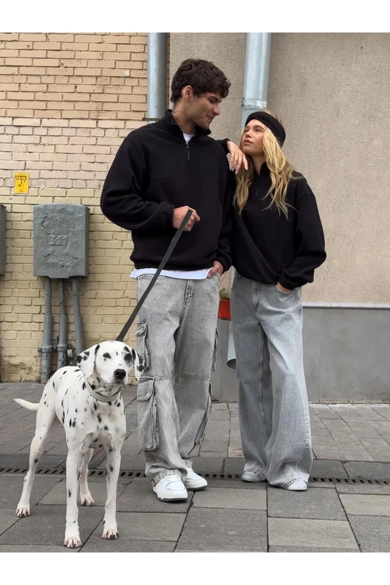 Unisex Relaxed Fit Yarım Fermuarlı Dik Yaka Sweatshirt Siyah