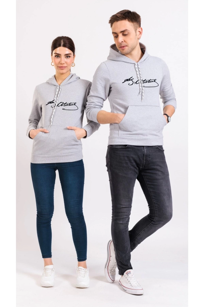 Unisex Renkli Kemal Atatürk Imzalı Kapüşonlu Sevgili Kombin Sweatshirt