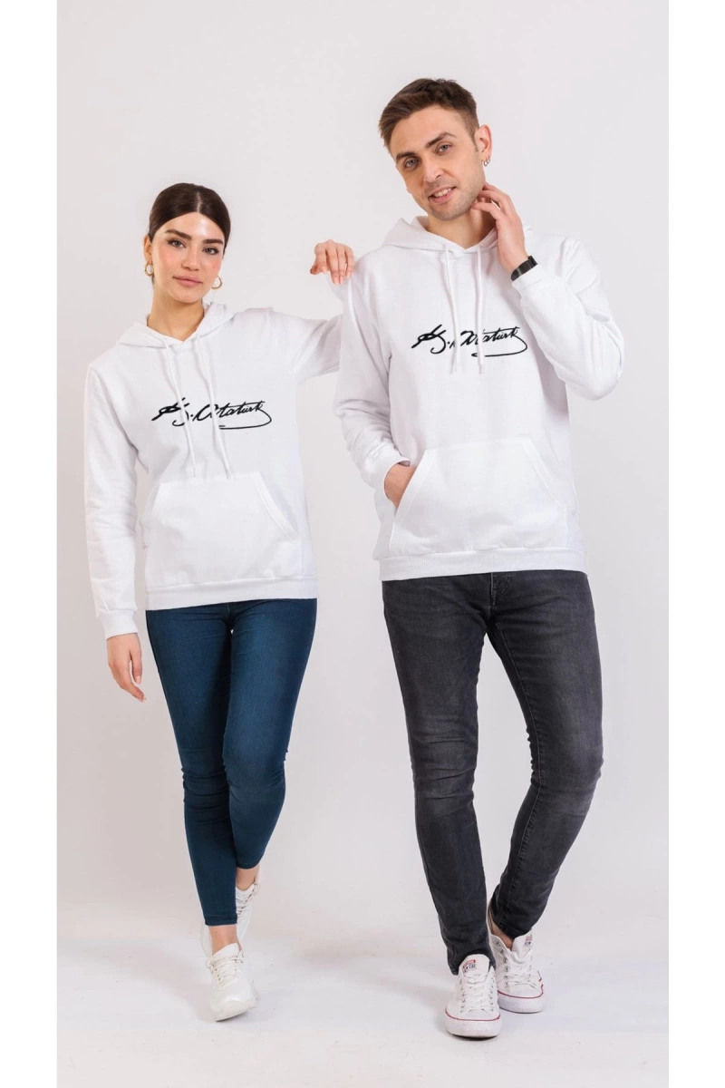 Unisex Renkli Kemal Atatürk Imzalı Kapüşonlu Sevgili Kombin Sweatshirt
