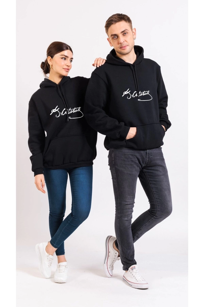 Unisex Renkli Kemal Atatürk Imzalı Kapüşonlu Sevgili Kombin Sweatshirt