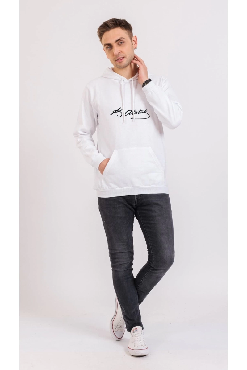 Unisex Renkli Kemal Atatürk Imzalı Kapüşonlu Sevgili Kombin Sweatshirt