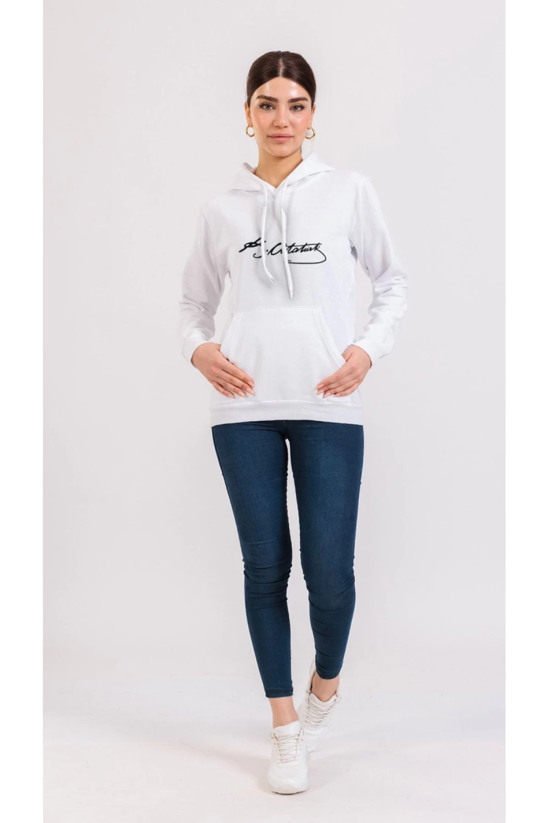 Unisex Renkli Kemal Atatürk Imzalı Kapüşonlu Sevgili Kombin Sweatshirt