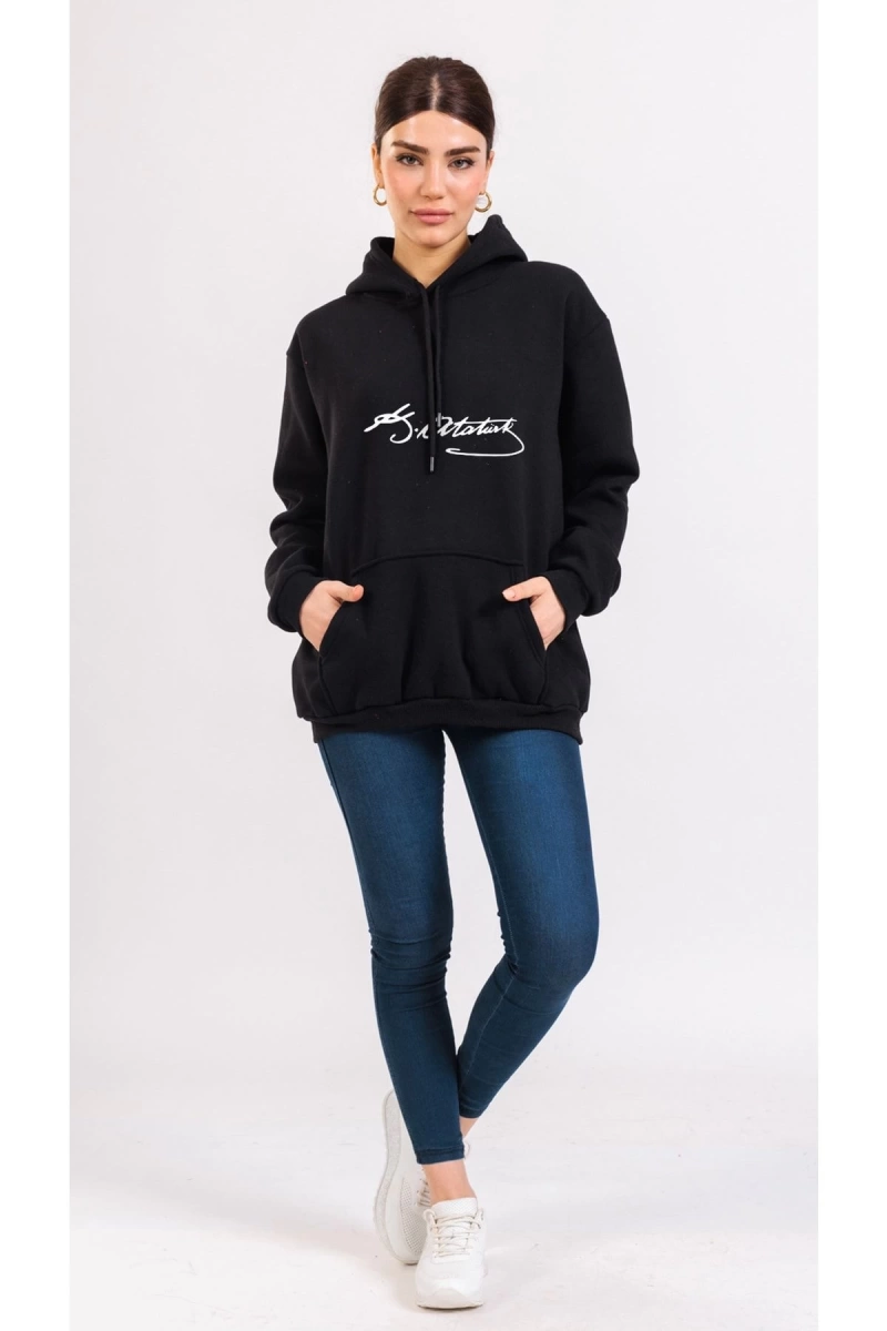Unisex Renkli Kemal Atatürk Imzalı Kapüşonlu Sevgili Kombin Sweatshirt