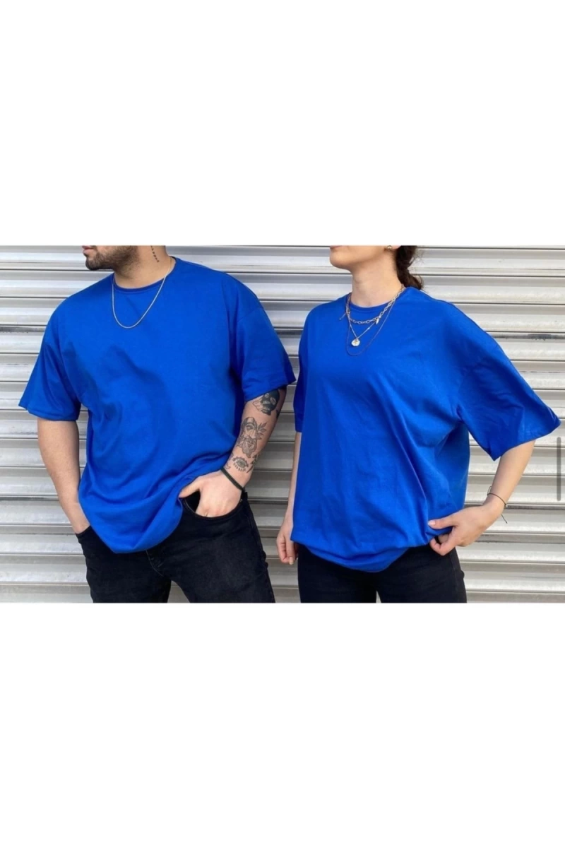 Unisex Saks Mavi Bisiklet Yaka Sevgili Kombin 2 Li Paket Tshirt
