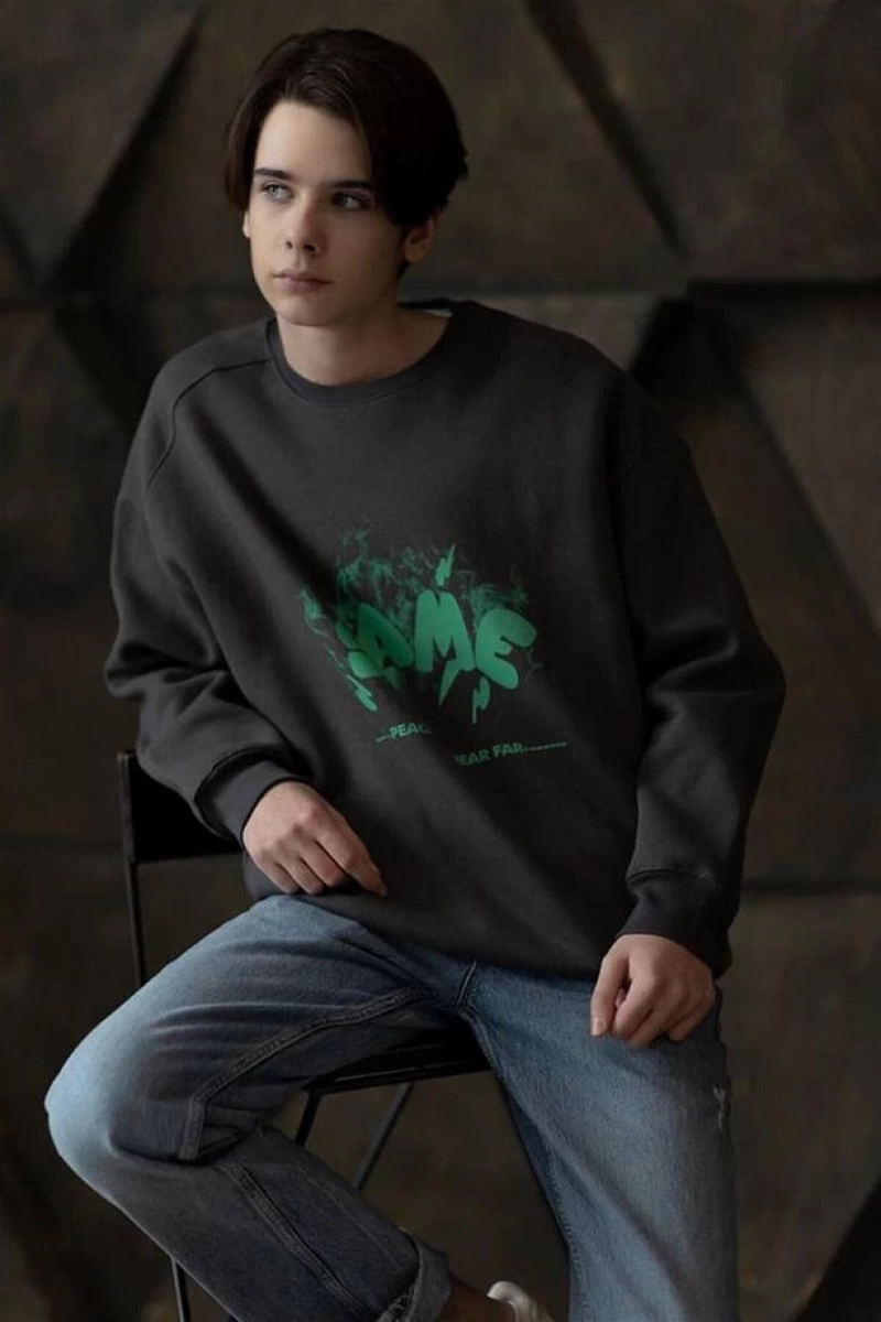 Unisex Same Bisiklet Yaka Sweatshirt Siyah