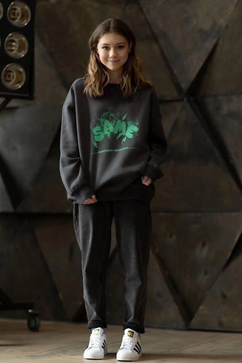 Unisex Same Bisiklet Yaka Sweatshirt Siyah