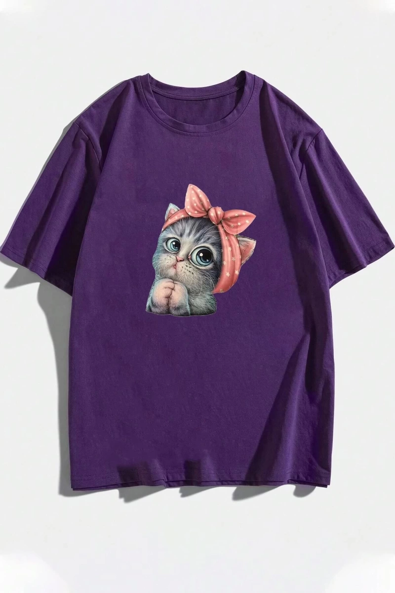Unisex Sevimli Kedi Tasarım T-shirt