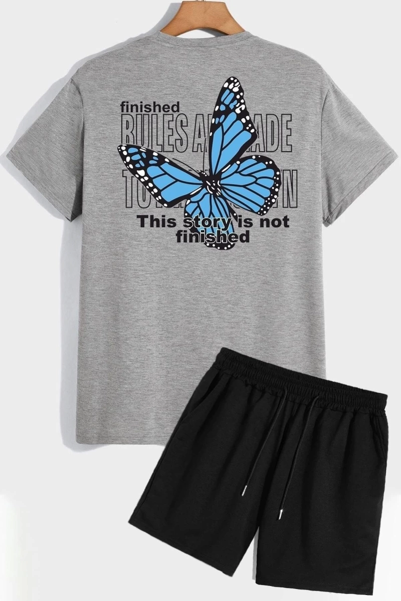 Unisex Sırt Baskılı Şort T-shirt Eşofman Takımı TSH-KELEBEK-SHRT-DÜZ