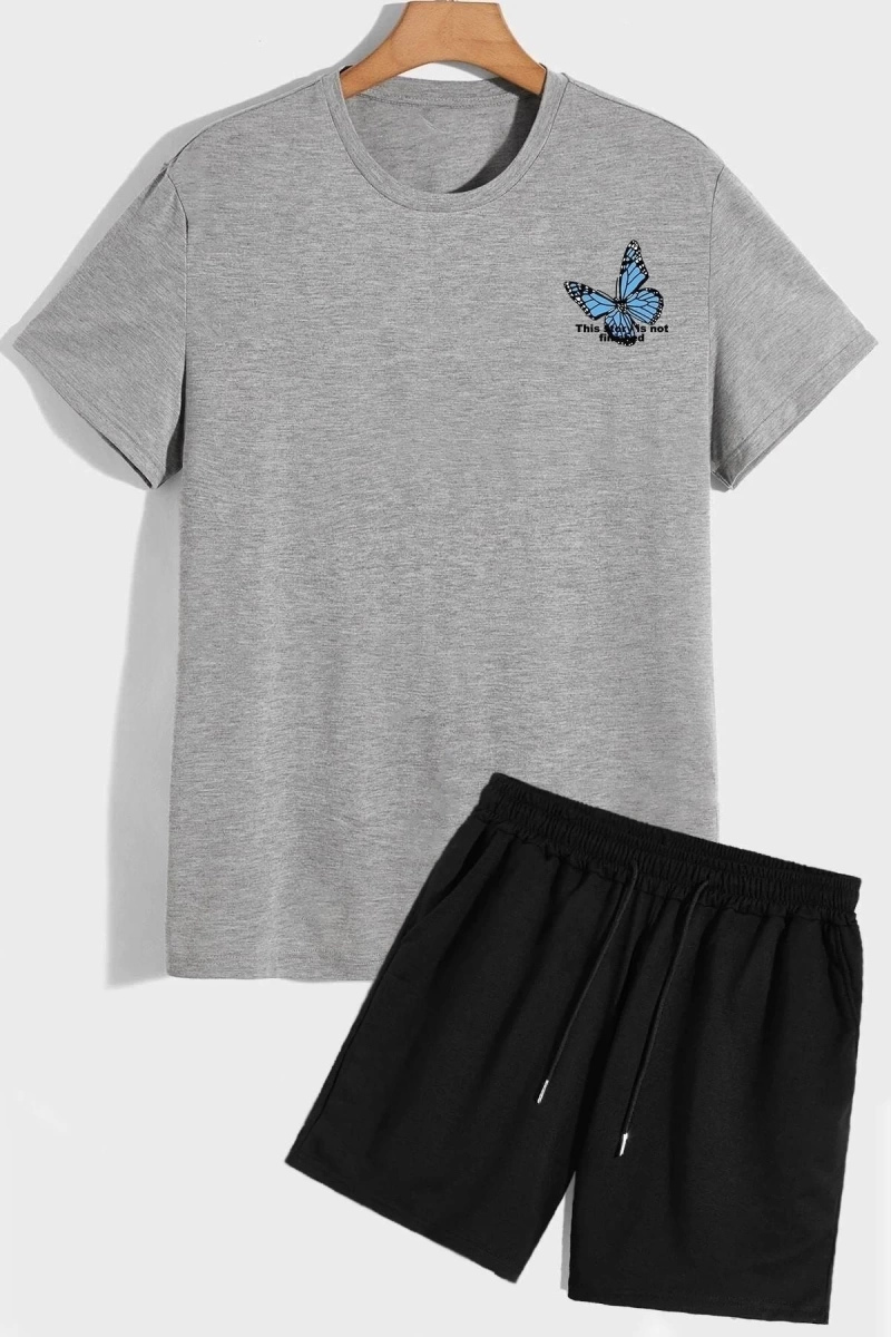 Unisex Sırt Baskılı Şort T-shirt Eşofman Takımı TSH-KELEBEK-SHRT-DÜZ