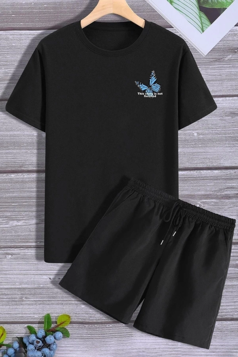 Unisex Sırt Baskılı Şort T-shirt Eşofman Takımı TSH-KELEBEK-SHRT-DÜZ