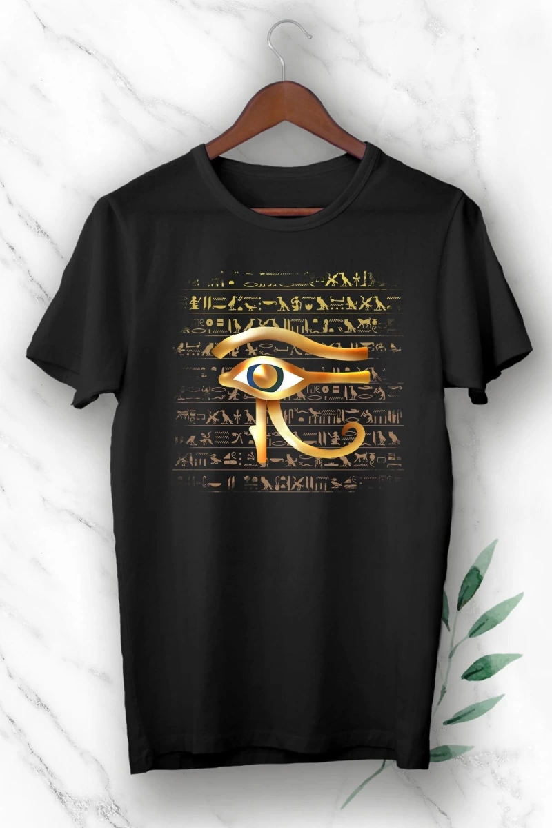 Unisex  Siyah Antik Mısır Horusun Gözü Baskılı Tişört