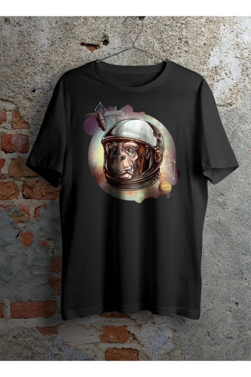 Unisex Siyah Astronot Maymun Baskılı Oversize Bisiklet Yaka Tişört