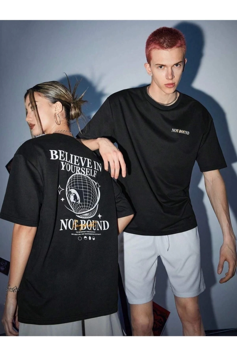 Unisex Siyah Beliıeve Baskılı 2li Set Sevgili Çift Kombini