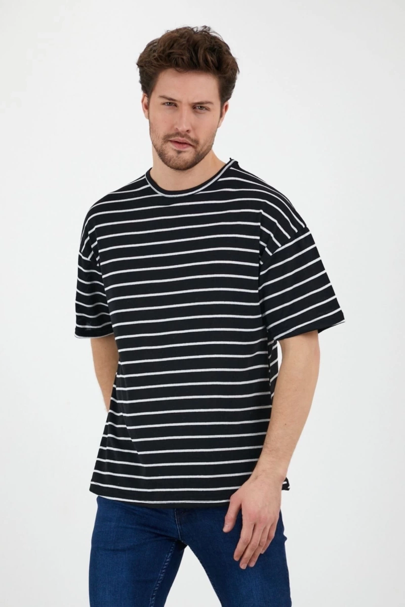 Unisex Siyah Beyaz Çizgili Oversize Tshirt