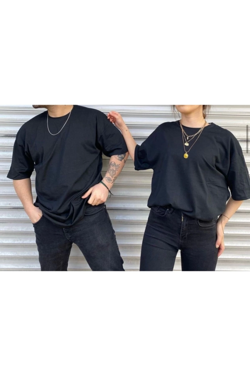 Unisex Siyah Bisiklet Yaka Sevgili Kombin 2 Li Paket Tshirt