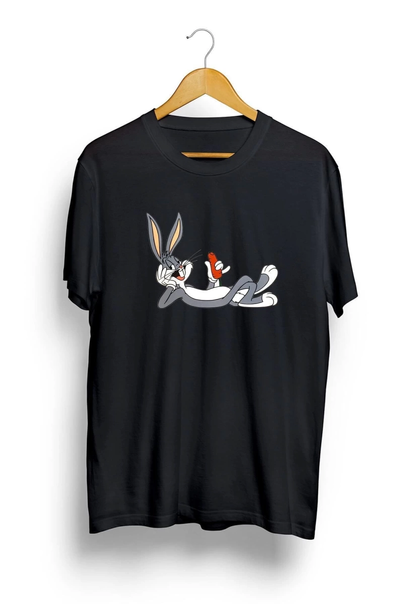 Unisex Siyah Bugs Bunny Baskılı Oversize T-shirt