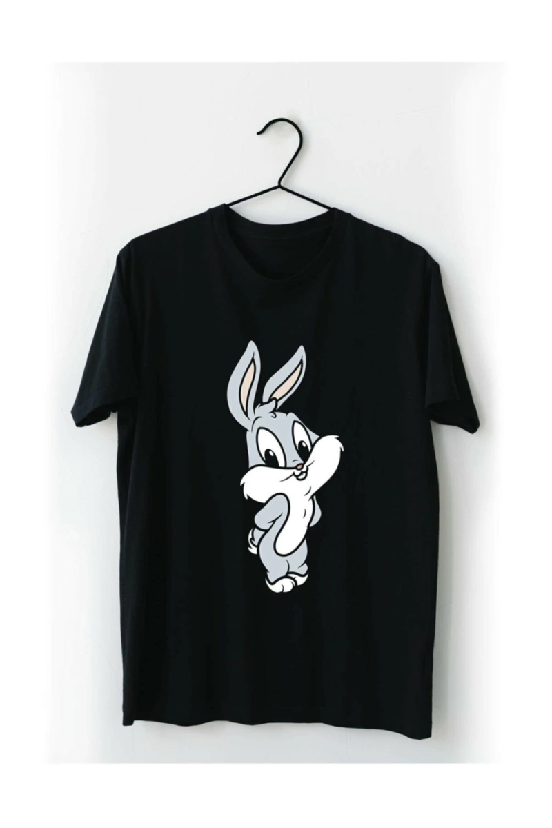 Unisex Siyah Bugs Bunny Baskılı T-shirt