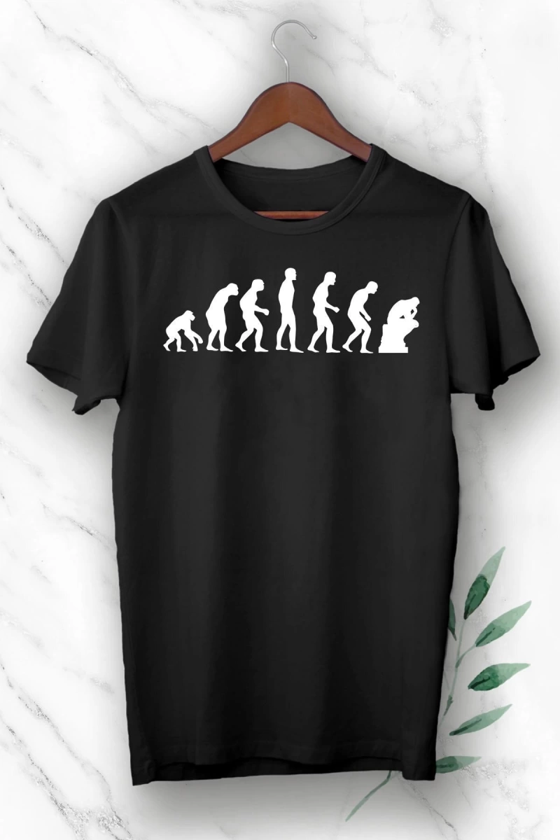 Unısex Siyah Evolution Evrim Baskılı Tişört