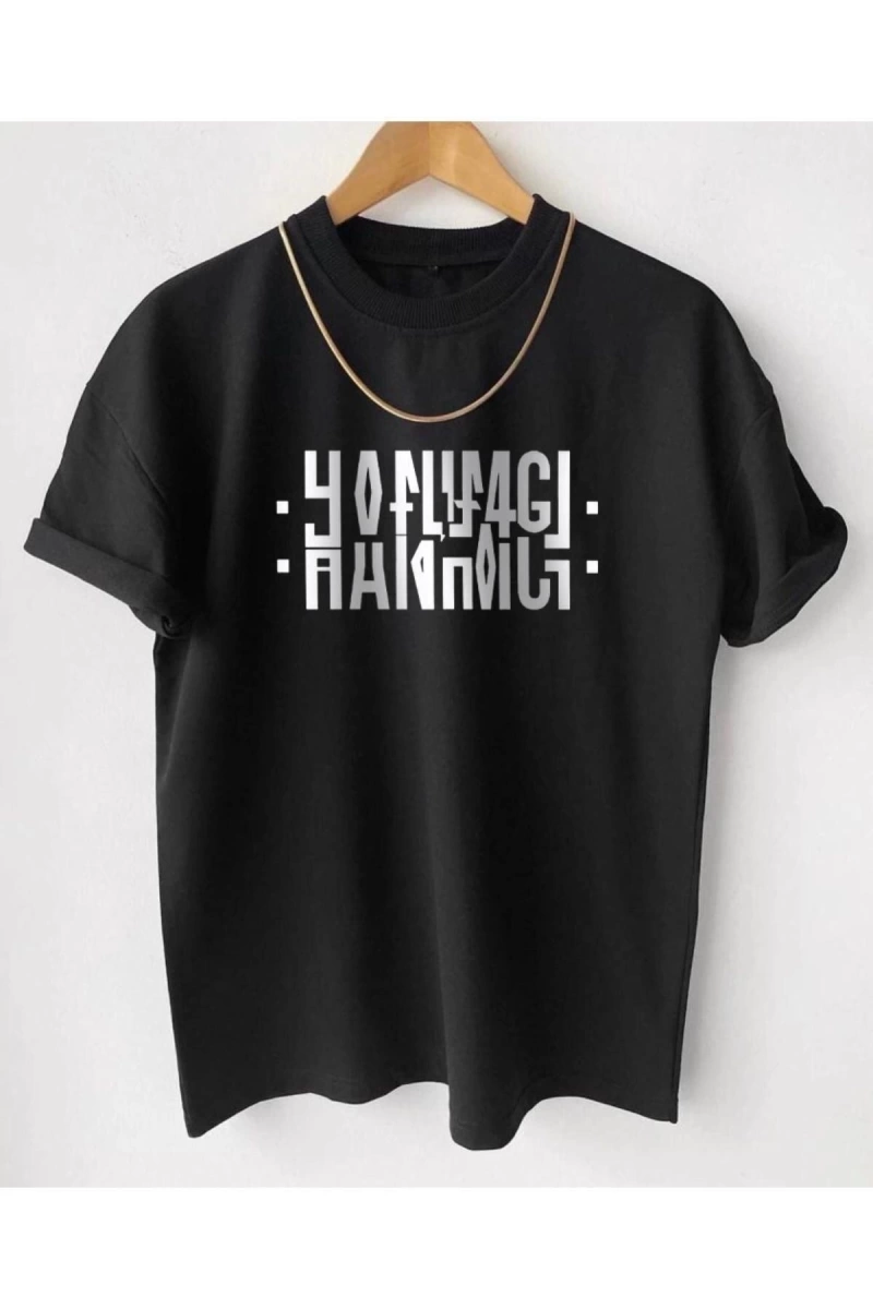 Unisex Siyah Hanımcı Baskılı Katlamalı Bisiklet Yaka Tişört
